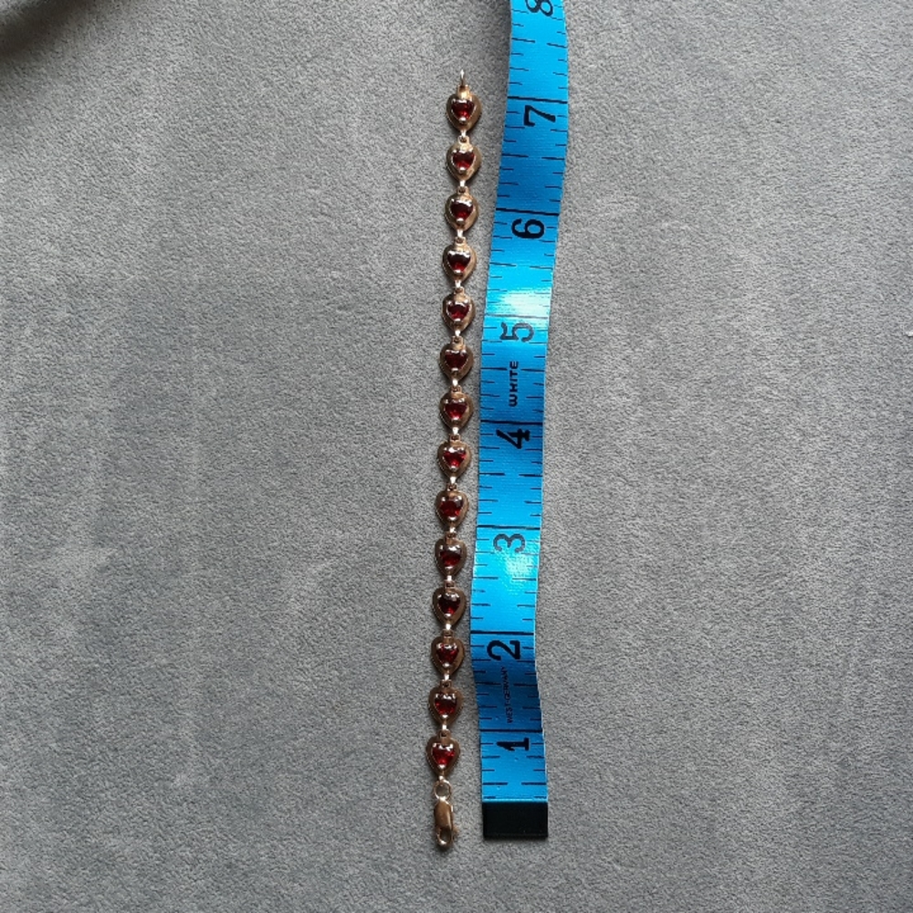 ❤💎14k Gold Eternity Heart Link Bracelet W/14 Natural Garnet Heart Stones 7 1/4" - Picture 5 of 6